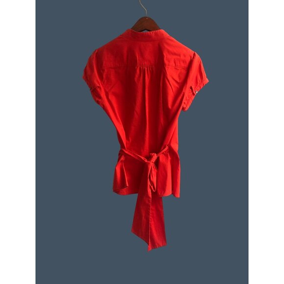 EXPRESS- WOMENS WRAP V-NECK SIDE TIE CLOSURE SHORT SLEEVE REDTOP SIZE MEDIUM - Picture 2 of 7